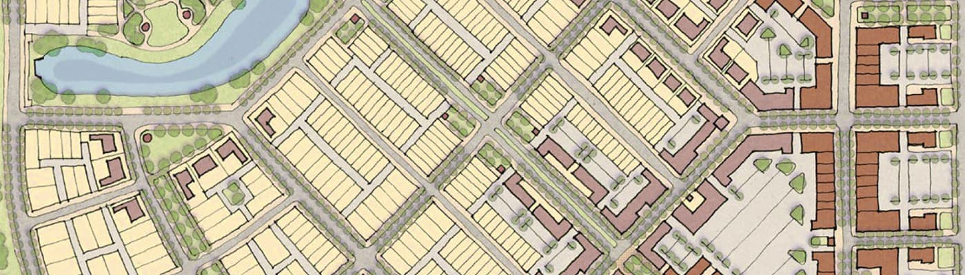 A drawing of a neighborhood map viewed from above showing property lines and other features like streets